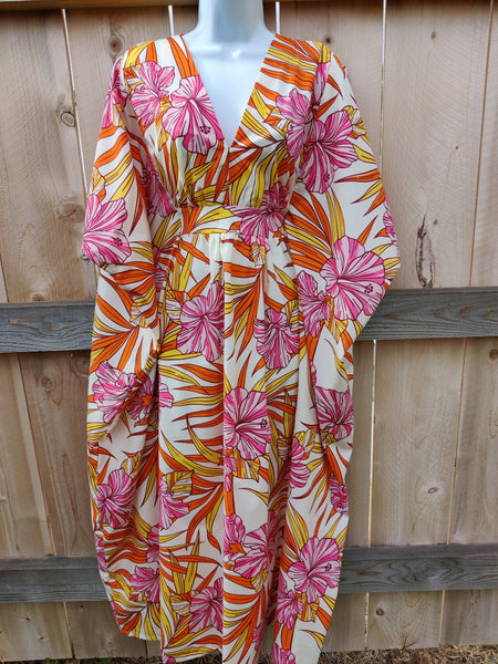 Tropical Palm Leaf and Hibiscus Caftan