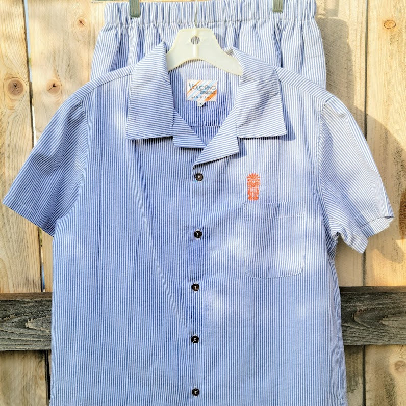 seersucker cotton tiki shirt volcano designs embroidery