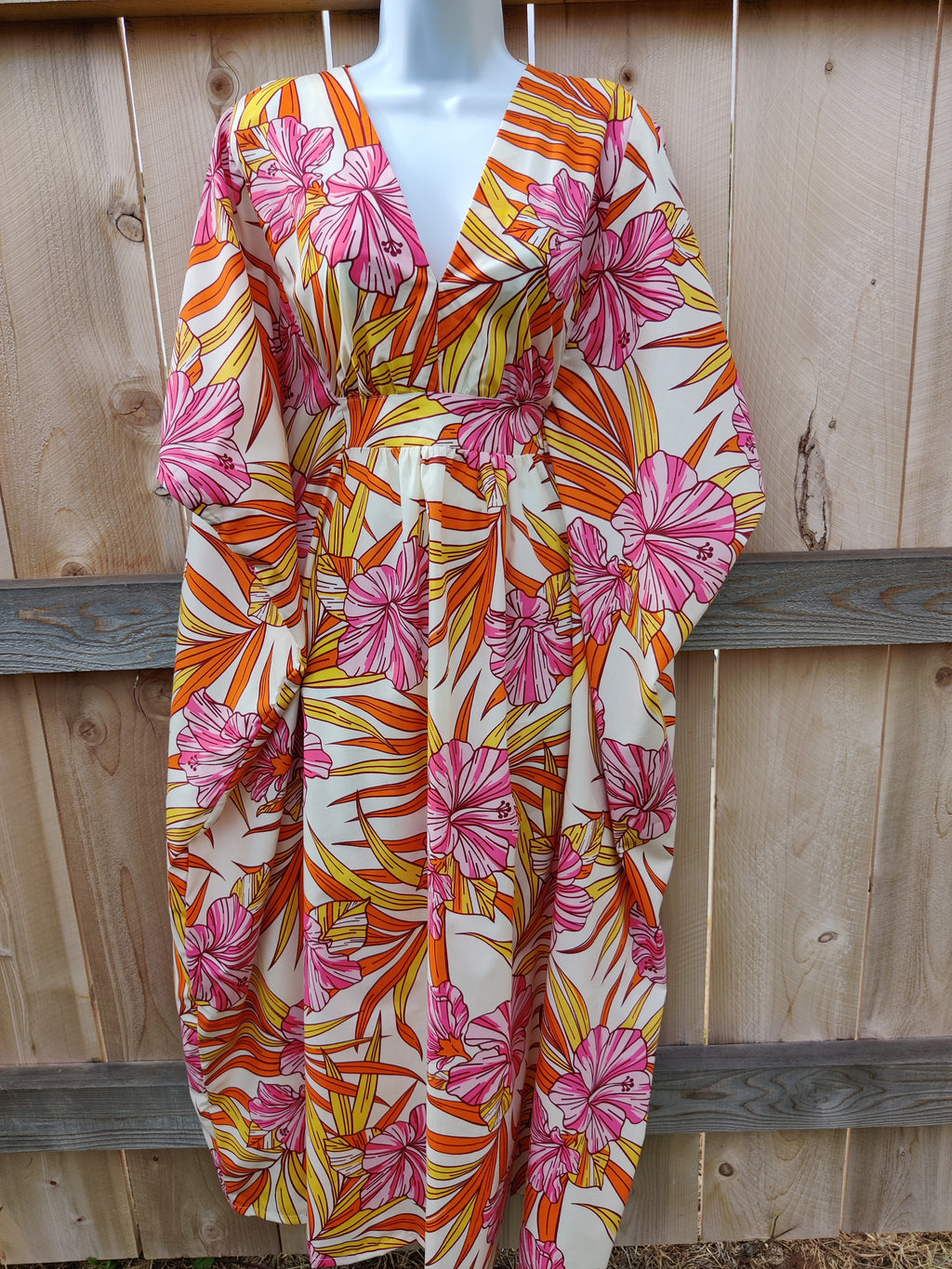 Tropical Palm Leaf and Hibiscus Caftan
