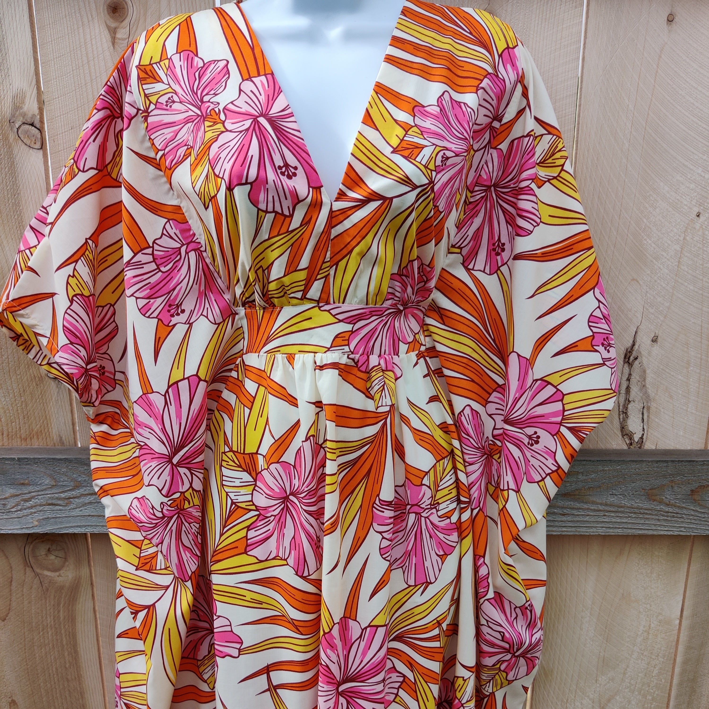 Tropical Palm Leaf and Hibiscus Caftan