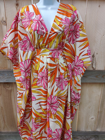 Tropical Palm Leaf and Hibiscus Caftan