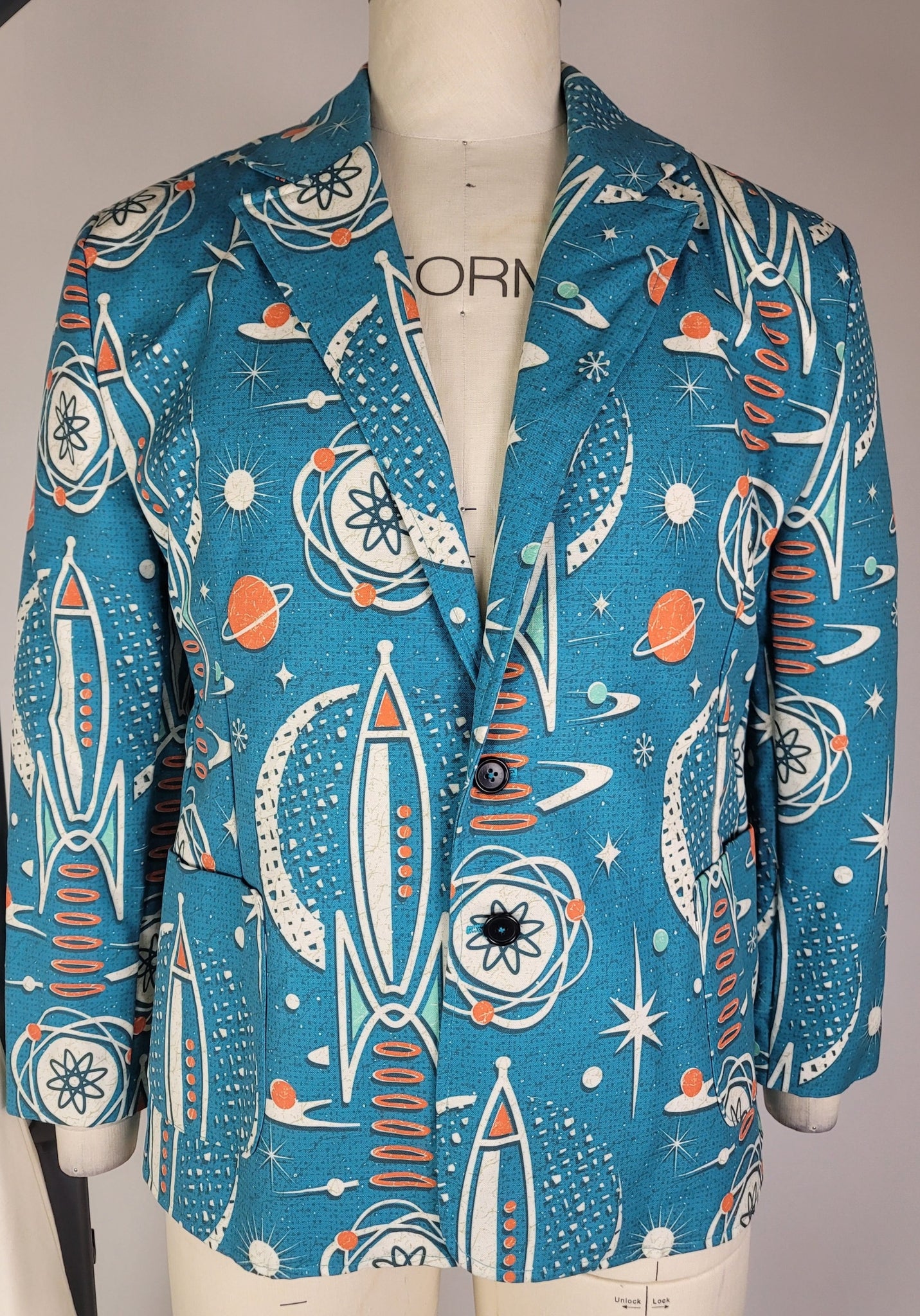 mid-century sandwich isles jacket handmade in san diego by volcano designs from spoonflower fabric