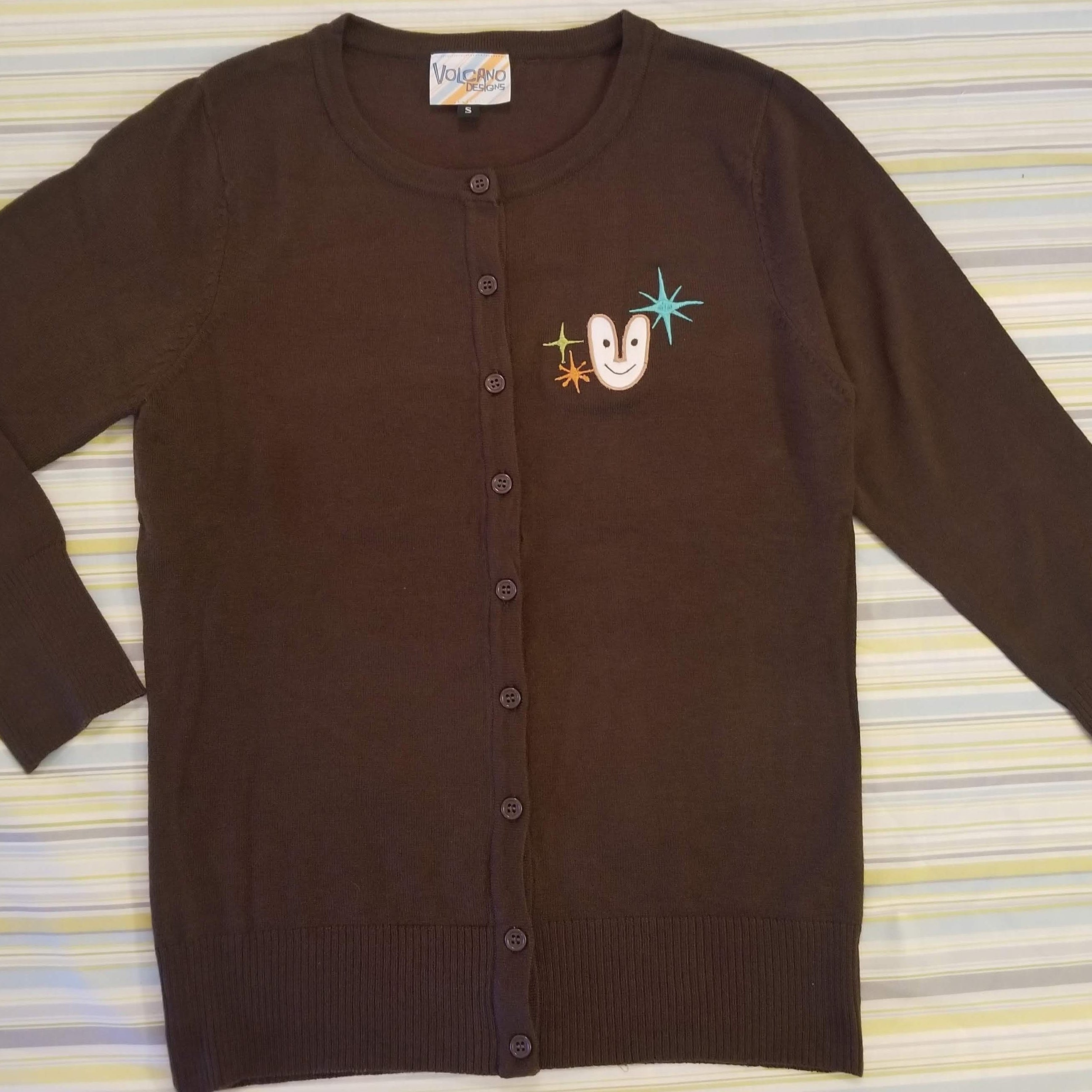 Tiki Bob Applique Embroidered Cardigan Sweater in Cocoa