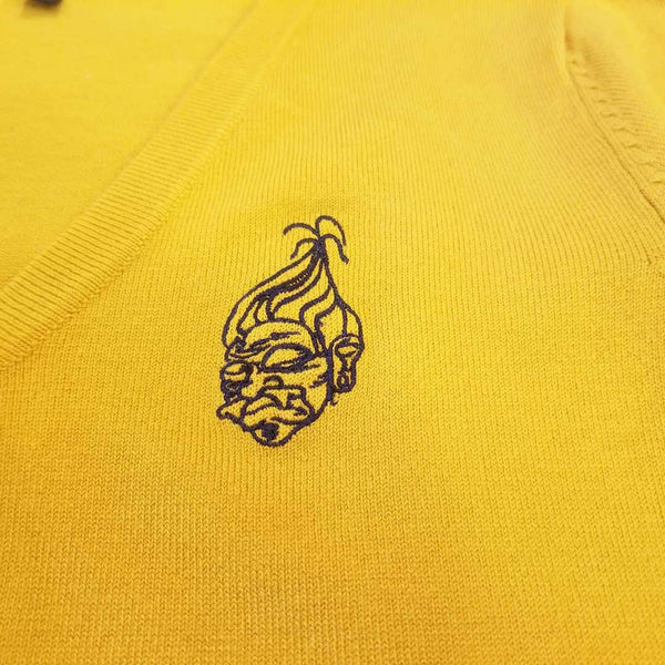 Shrunken Head Embroidered Cardigan Sweater in Mustard