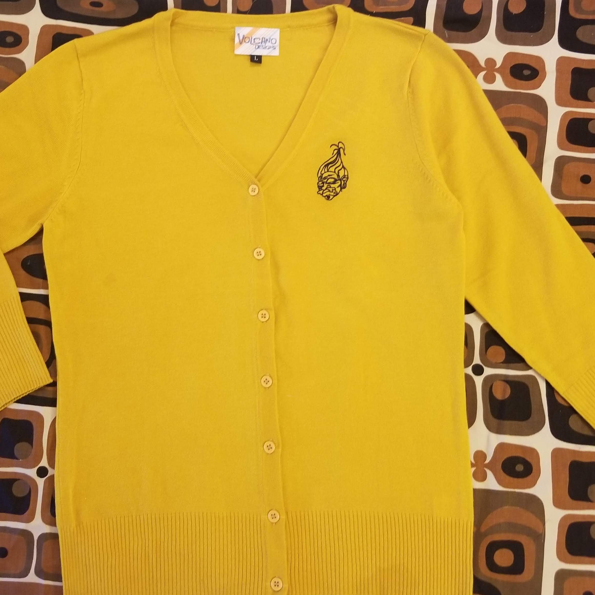 Shrunken Head Embroidered Cardigan Sweater in Mustard